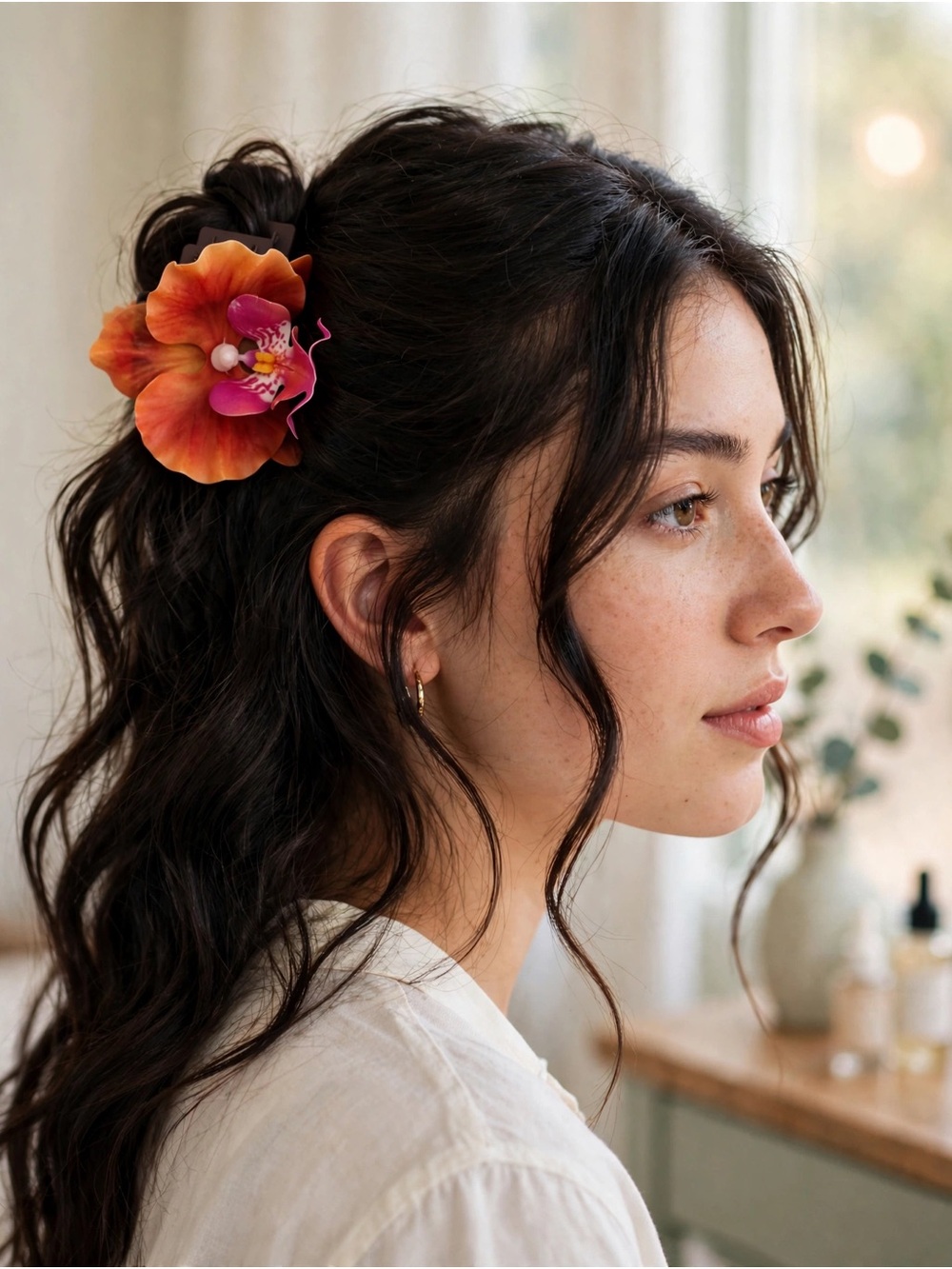Sunset Orchid Floral Claw Clip - Vibrant Orange Flower Hair Accessory